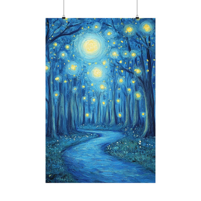 Dreamy Night - Fireflies in the Forest - Fine Art Painting - Print - Matte Vertical Poster - Magical Blue Aesthetic Wall Art