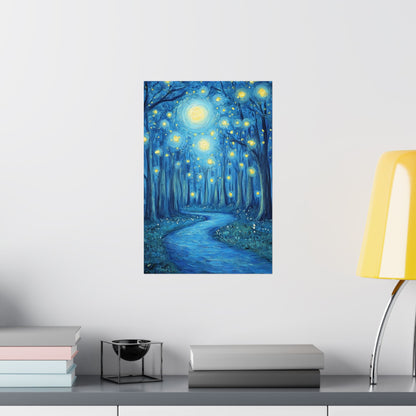 Dreamy Night - Fireflies in the Forest - Fine Art Painting - Print - Matte Vertical Poster - Magical Blue Aesthetic Wall Art