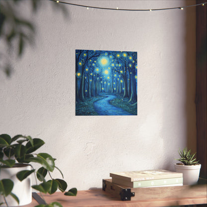 Dreamy Night - Fireflies in the Forest - Fine Art Painting - Print - Matte Vertical Poster - Magical Blue Aesthetic Wall Art