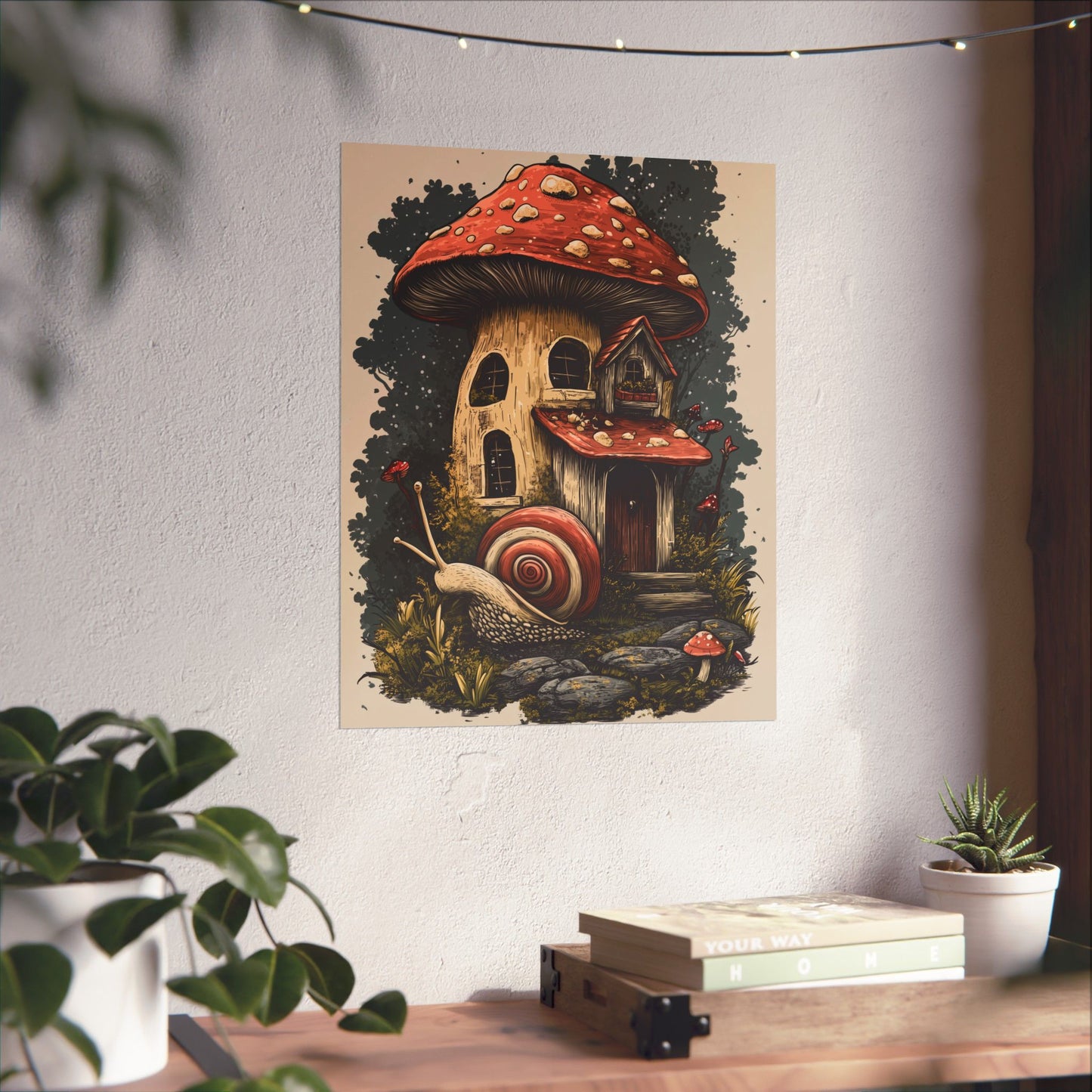 Whimsical Snail Mushroom House - Vertical Botanical Poster - Perfect for Dorm Room or Bedroom Wall Art