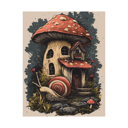 Whimsical Snail Mushroom House - Vertical Botanical Poster - Perfect for Dorm Room or Bedroom Wall Art