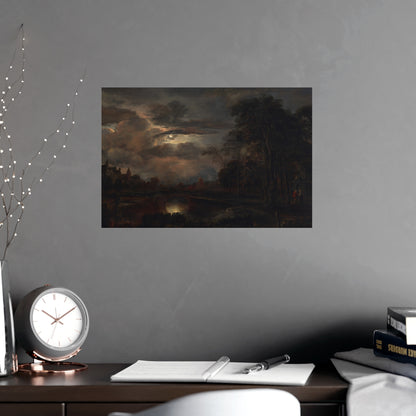 Moonlit Landscape with Bridge - Romantic Night Fine Art Poster