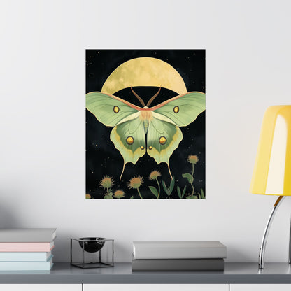 Dreamy Luna Moth Under the Moon Poster- Matte Vertical Art Print - Boho Wall Art - Bohemian - Art Noveau - Art Deco