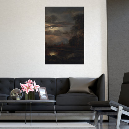 Moonlit Landscape with Bridge - Romantic Night Fine Art Poster