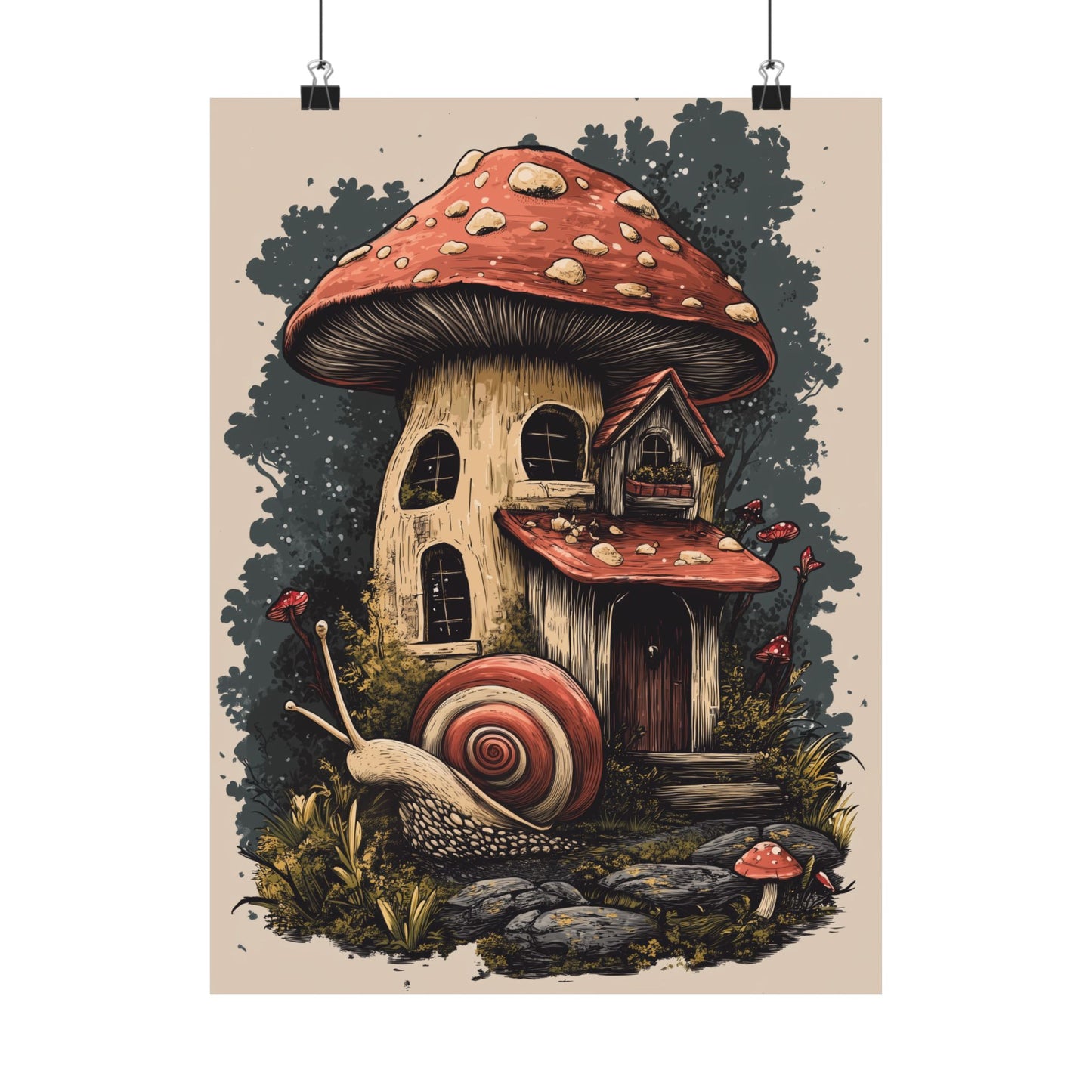Whimsical Snail Mushroom House - Vertical Botanical Poster - Perfect for Dorm Room or Bedroom Wall Art