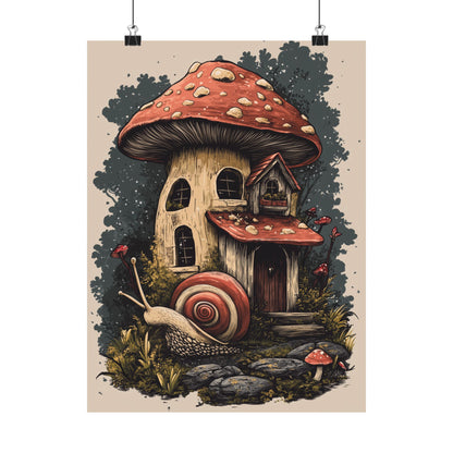 Whimsical Snail Mushroom House - Vertical Botanical Poster - Perfect for Dorm Room or Bedroom Wall Art