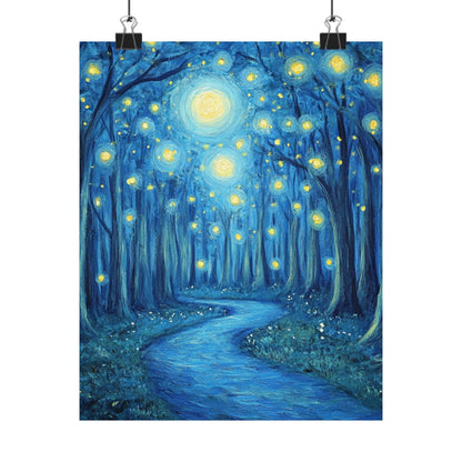 Dreamy Night - Fireflies in the Forest - Fine Art Painting - Print - Matte Vertical Poster - Magical Blue Aesthetic Wall Art