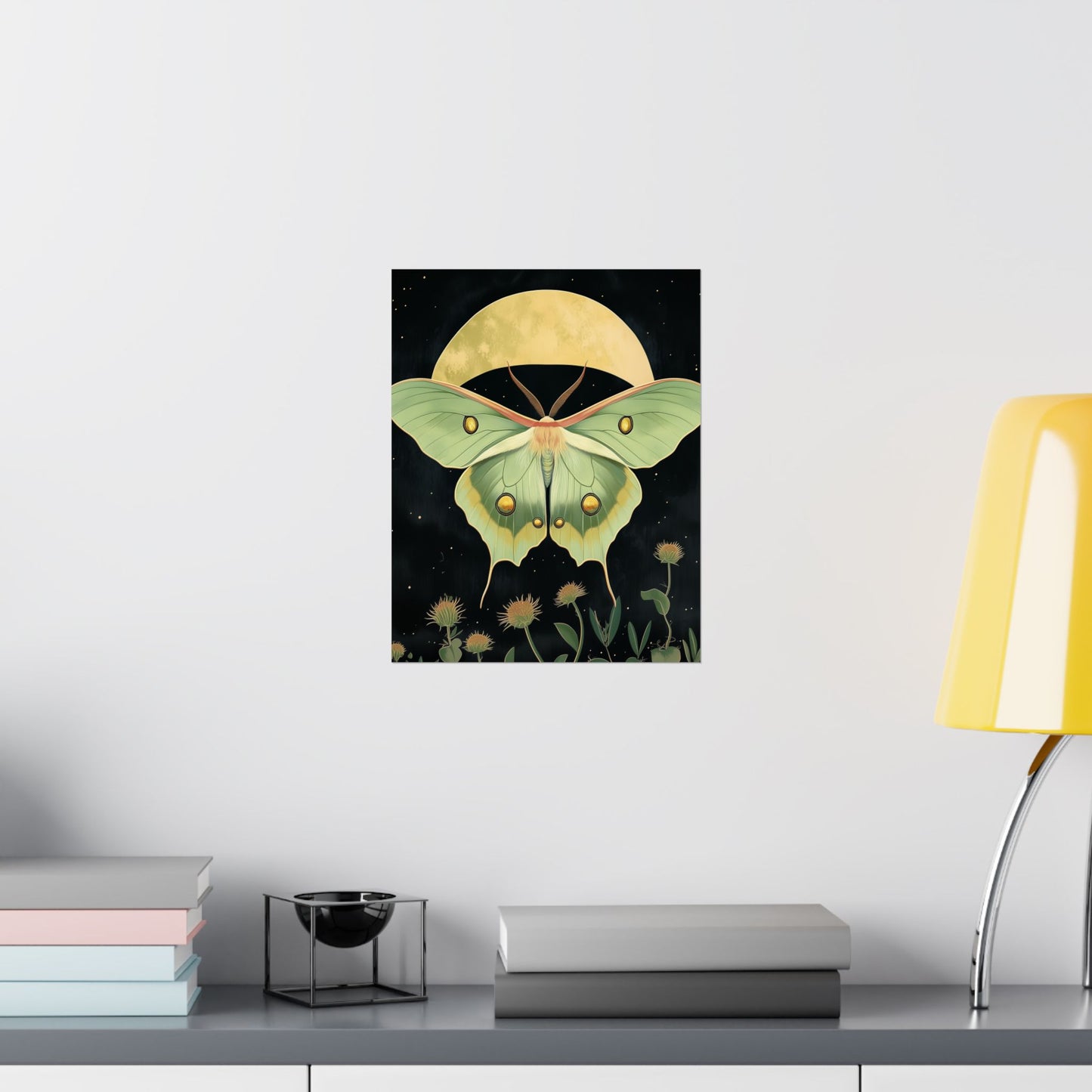 Dreamy Luna Moth Under the Moon Poster- Matte Vertical Art Print - Boho Wall Art - Bohemian - Art Noveau - Art Deco