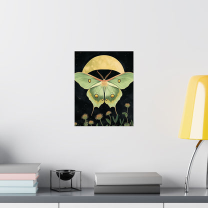 Dreamy Luna Moth Under the Moon Poster- Matte Vertical Art Print - Boho Wall Art - Bohemian - Art Noveau - Art Deco