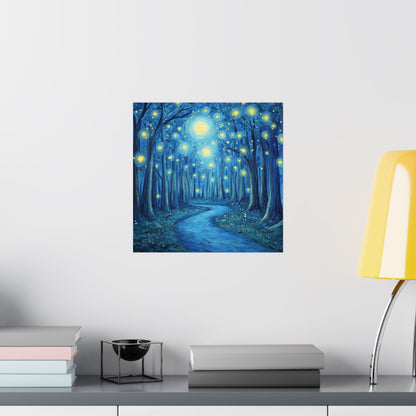 Dreamy Night - Fireflies in the Forest - Fine Art Painting - Print - Matte Vertical Poster - Magical Blue Aesthetic Wall Art