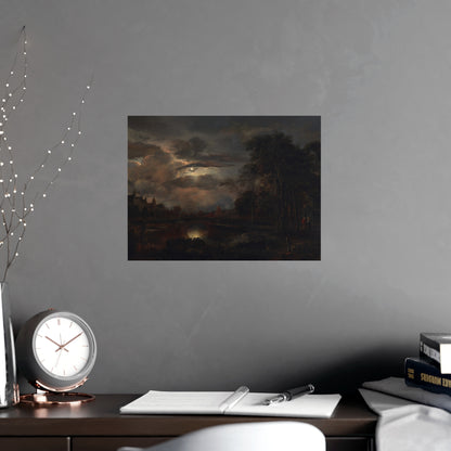 Moonlit Landscape with Bridge - Romantic Night Fine Art Poster