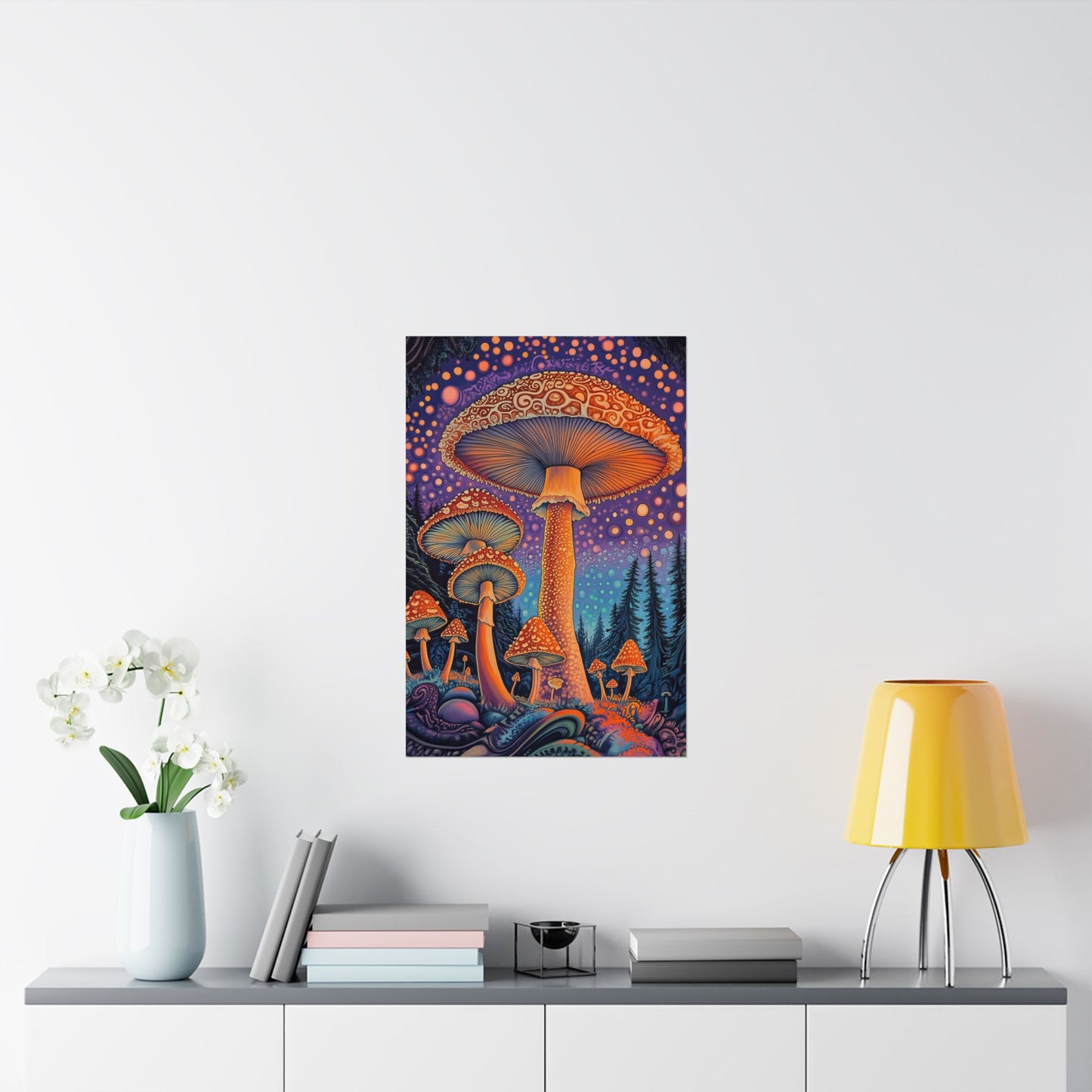 Psychedelic Night Mushroom Art Print - Vertical Poster - Vibrant Wall Art - Nature - Trippy - Bedroom Poster