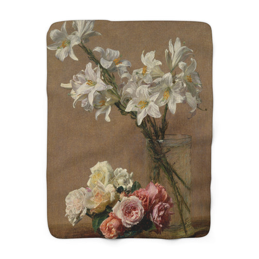Henri Fantin-Latour : Roses and Lilies (1888) - Giclee Fine Art Print - Museum Collection Fine Art Throw Blanket