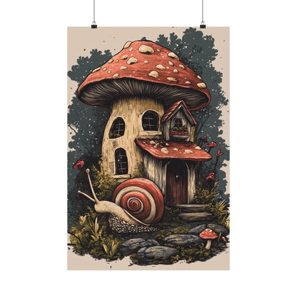 Whimsical Snail Mushroom House - Vertical Botanical Poster - Perfect for Dorm Room or Bedroom Wall Art