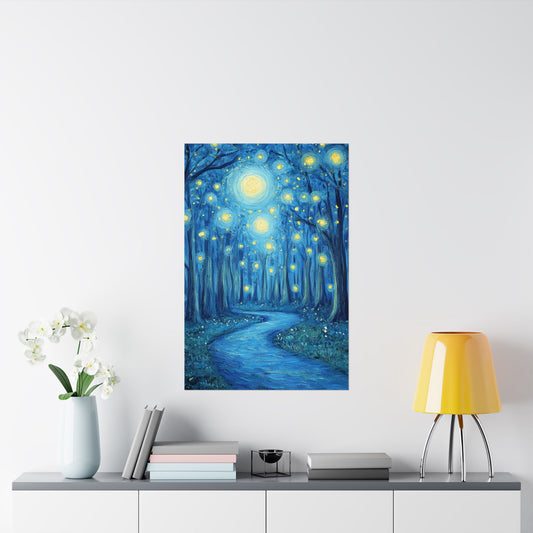 Dreamy Night - Fireflies in the Forest - Fine Art Painting - Print - Matte Vertical Poster - Magical Blue Aesthetic Wall Art