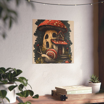 Whimsical Snail Mushroom House - Vertical Botanical Poster - Perfect for Dorm Room or Bedroom Wall Art