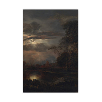 Moonlit Landscape with Bridge - Romantic Night Fine Art Poster