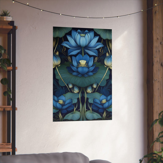 Mystical Blue Lotus Fine Art Print - Matte Vertical Poster - Zen Floral Art for Home Décor