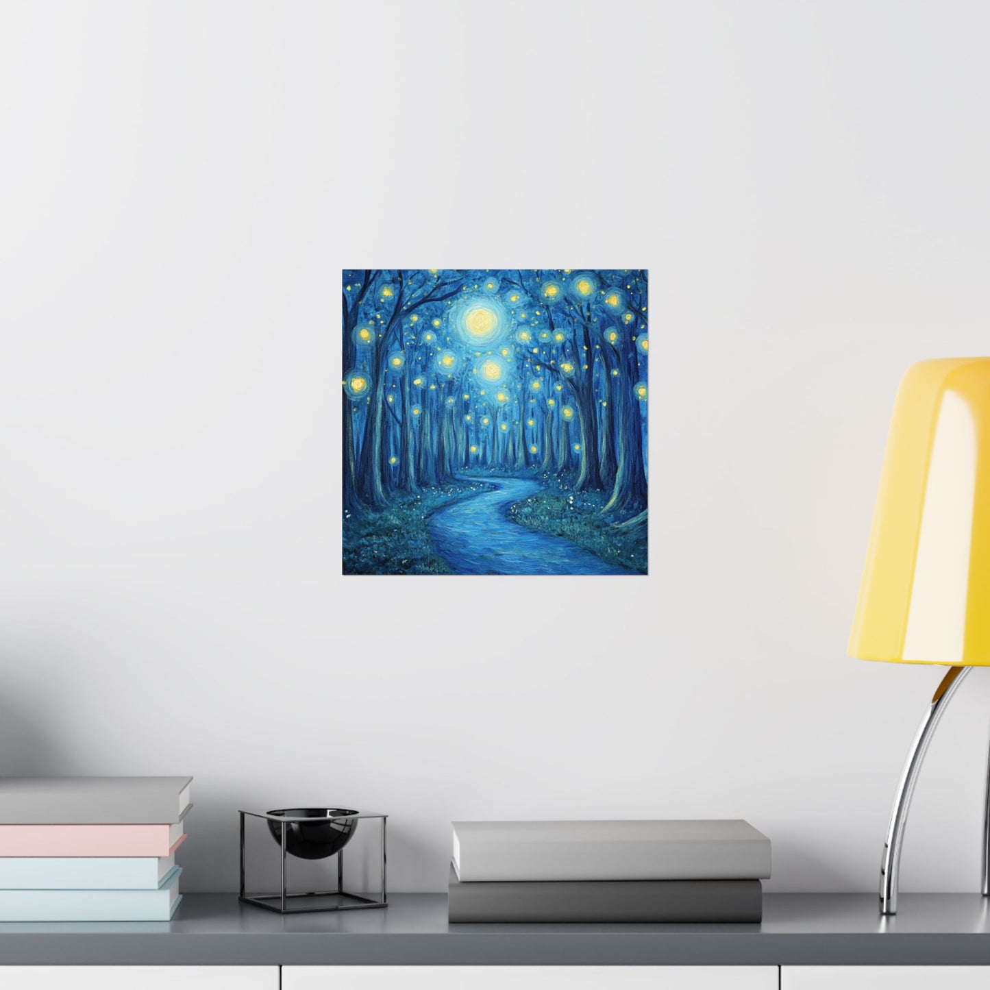 Dreamy Night - Fireflies in the Forest - Fine Art Painting - Print - Matte Vertical Poster - Magical Blue Aesthetic Wall Art