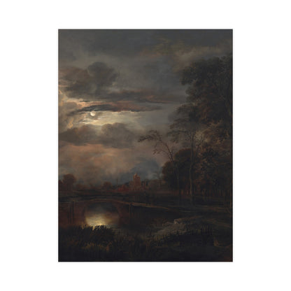 Moonlit Landscape with Bridge - Romantic Night Fine Art Poster