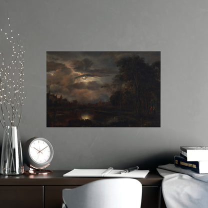 Moonlit Landscape with Bridge - Romantic Night Fine Art Poster
