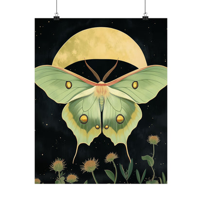 Dreamy Luna Moth Under the Moon Poster- Matte Vertical Art Print - Boho Wall Art - Bohemian - Art Noveau - Art Deco