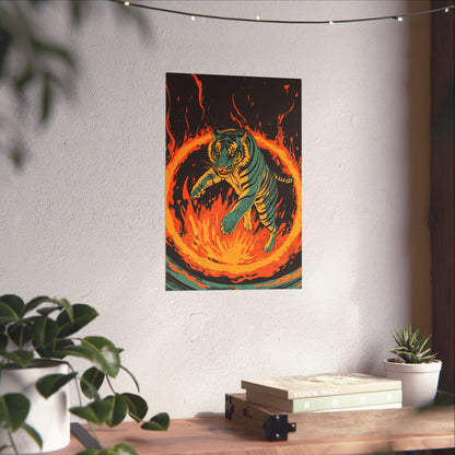 Unleashed - Tiger Jumping Through A Ring of Flames - Matte Vertical Poster - Eye-Catching Wall Art