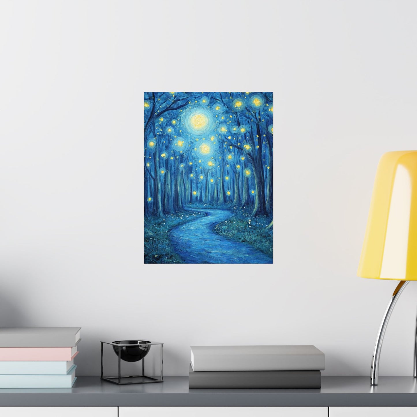 Dreamy Night - Fireflies in the Forest - Fine Art Painting - Print - Matte Vertical Poster - Magical Blue Aesthetic Wall Art