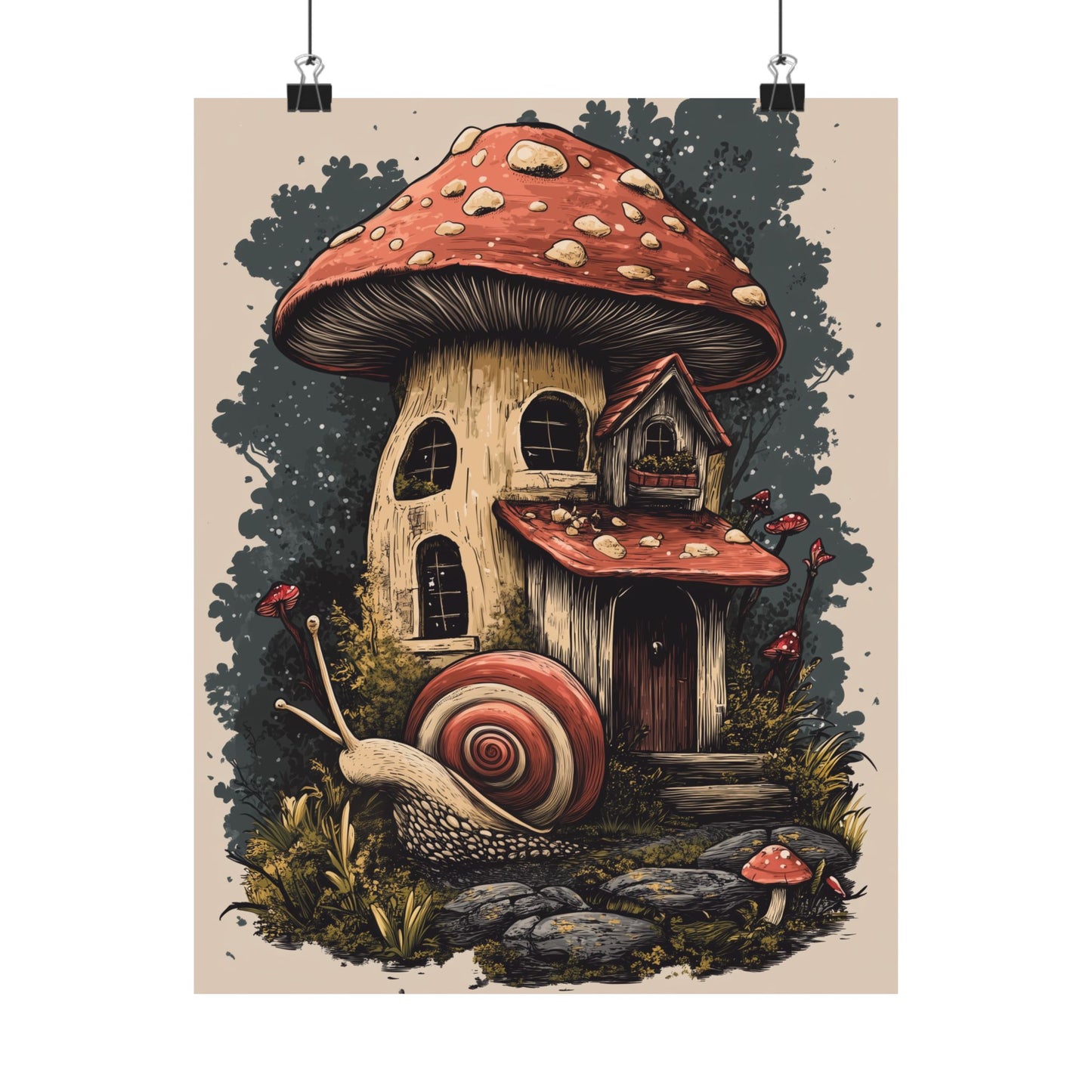 Whimsical Snail Mushroom House - Vertical Botanical Poster - Perfect for Dorm Room or Bedroom Wall Art