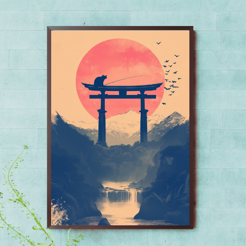 Cat on Torii Gate Zen Japanese Framed Wall Art