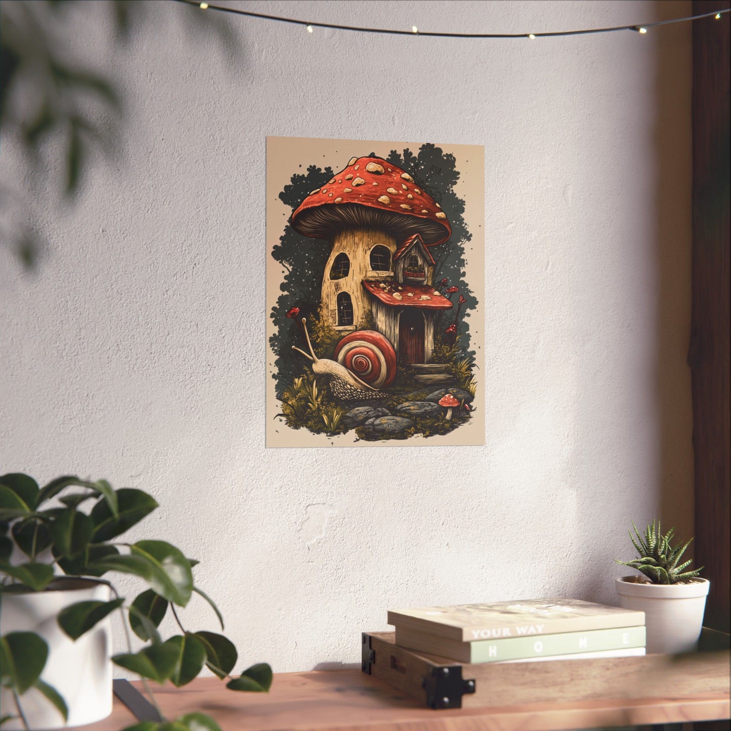Whimsical Snail Mushroom House - Vertical Botanical Poster - Perfect for Dorm Room or Bedroom Wall Art