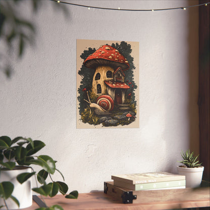 Whimsical Snail Mushroom House - Vertical Botanical Poster - Perfect for Dorm Room or Bedroom Wall Art