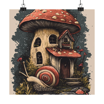 Whimsical Snail Mushroom House - Vertical Botanical Poster - Perfect for Dorm Room or Bedroom Wall Art