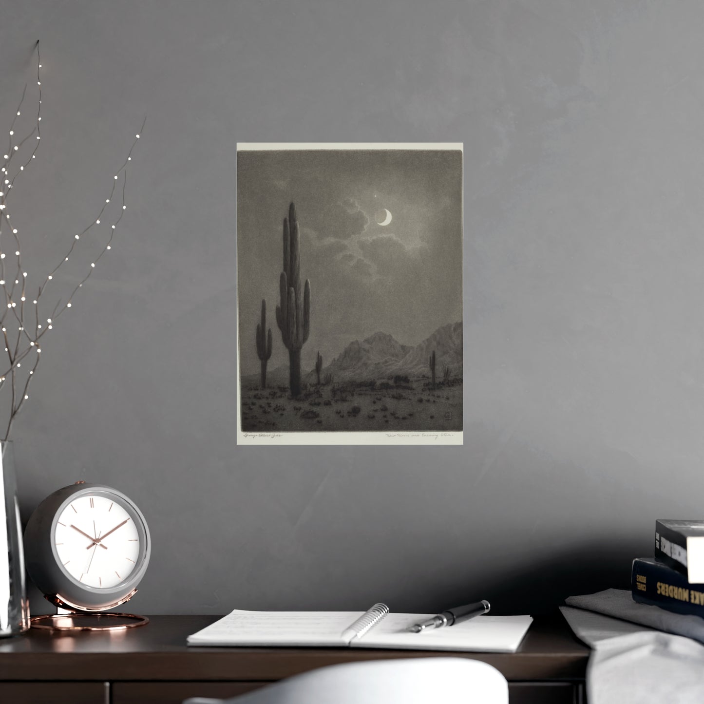 New Moon and Evening Star over Cactus- Celestial Fine Art Poster