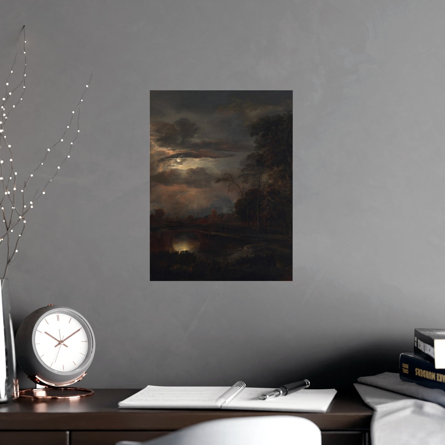 Moonlit Landscape with Bridge - Romantic Night Fine Art Poster