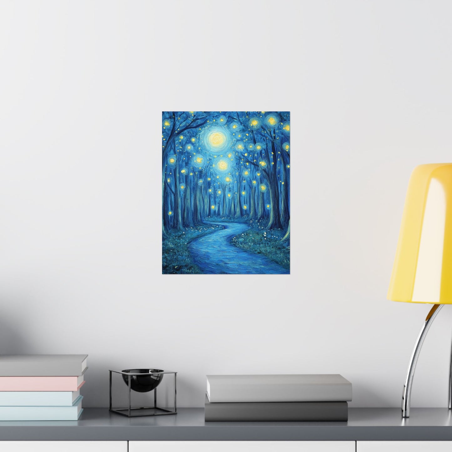 Dreamy Night - Fireflies in the Forest - Fine Art Painting - Print - Matte Vertical Poster - Magical Blue Aesthetic Wall Art