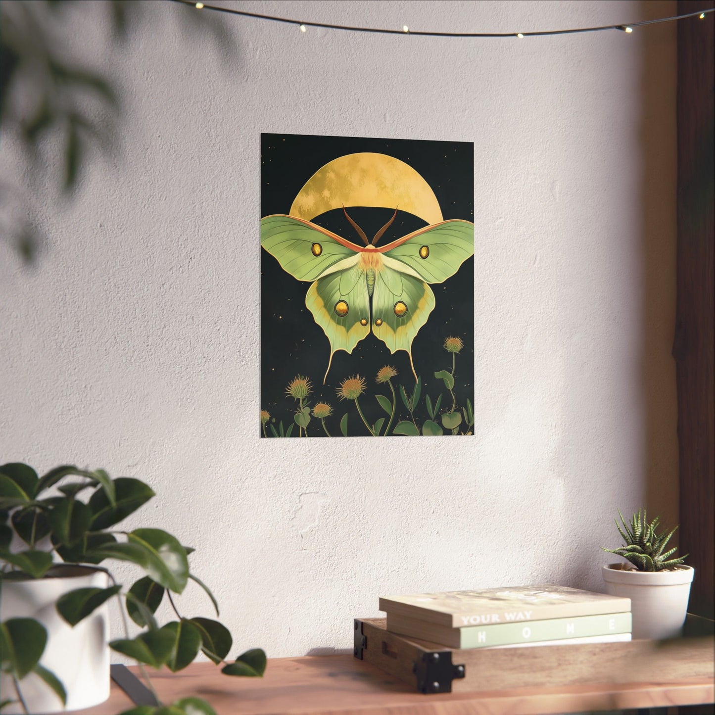 Dreamy Luna Moth Under the Moon Poster- Matte Vertical Art Print - Boho Wall Art - Bohemian - Art Noveau - Art Deco