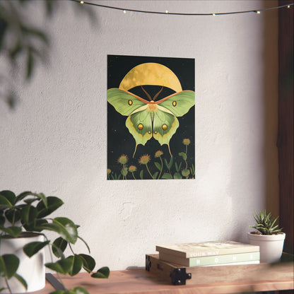 Dreamy Luna Moth Under the Moon Poster- Matte Vertical Art Print - Boho Wall Art - Bohemian - Art Noveau - Art Deco