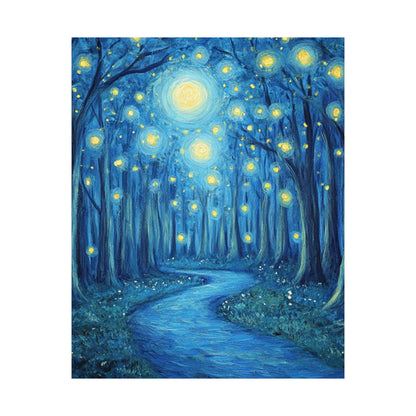 Dreamy Night - Fireflies in the Forest - Fine Art Painting - Print - Matte Vertical Poster - Magical Blue Aesthetic Wall Art