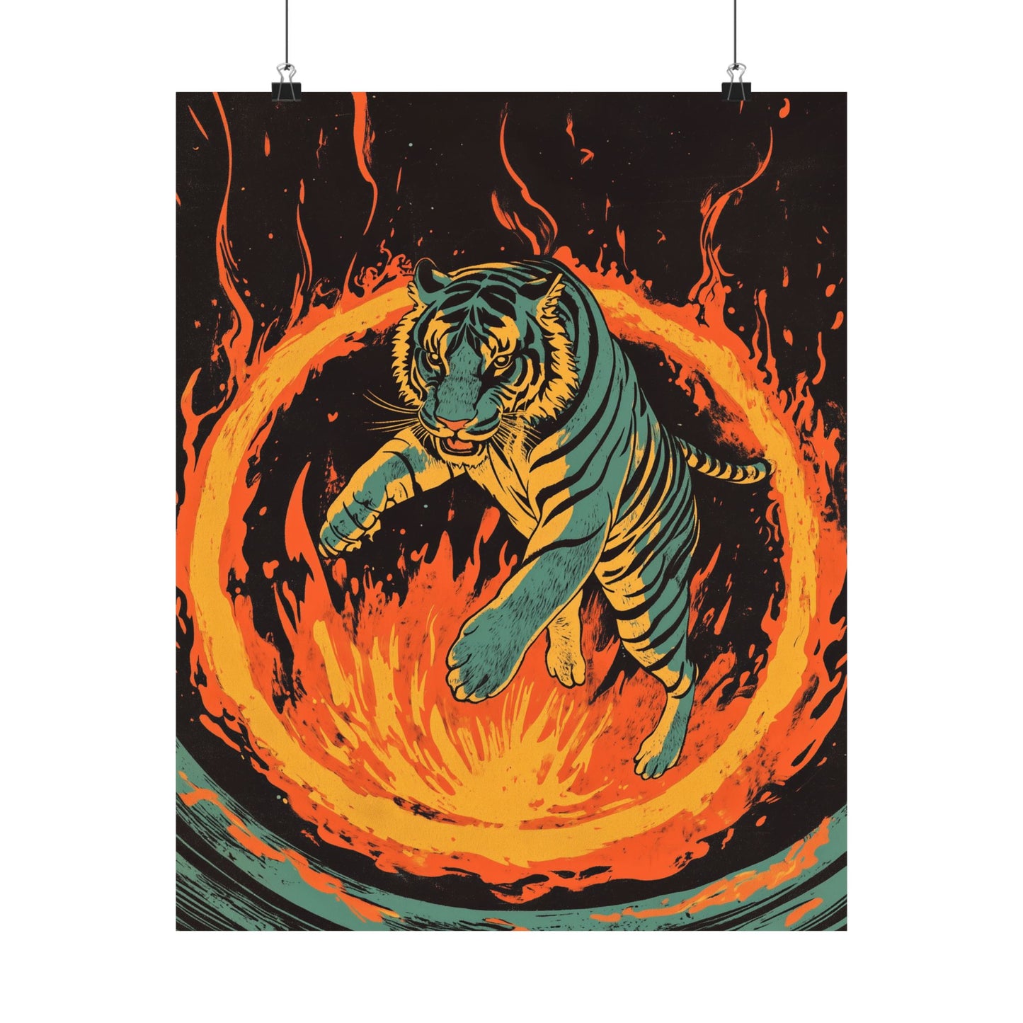 Unleashed - Tiger Jumping Through A Ring of Flames - Matte Vertical Poster - Eye-Catching Wall Art