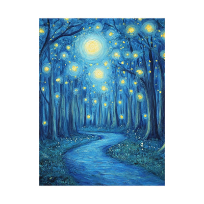 Dreamy Night - Fireflies in the Forest - Fine Art Painting - Print - Matte Vertical Poster - Magical Blue Aesthetic Wall Art