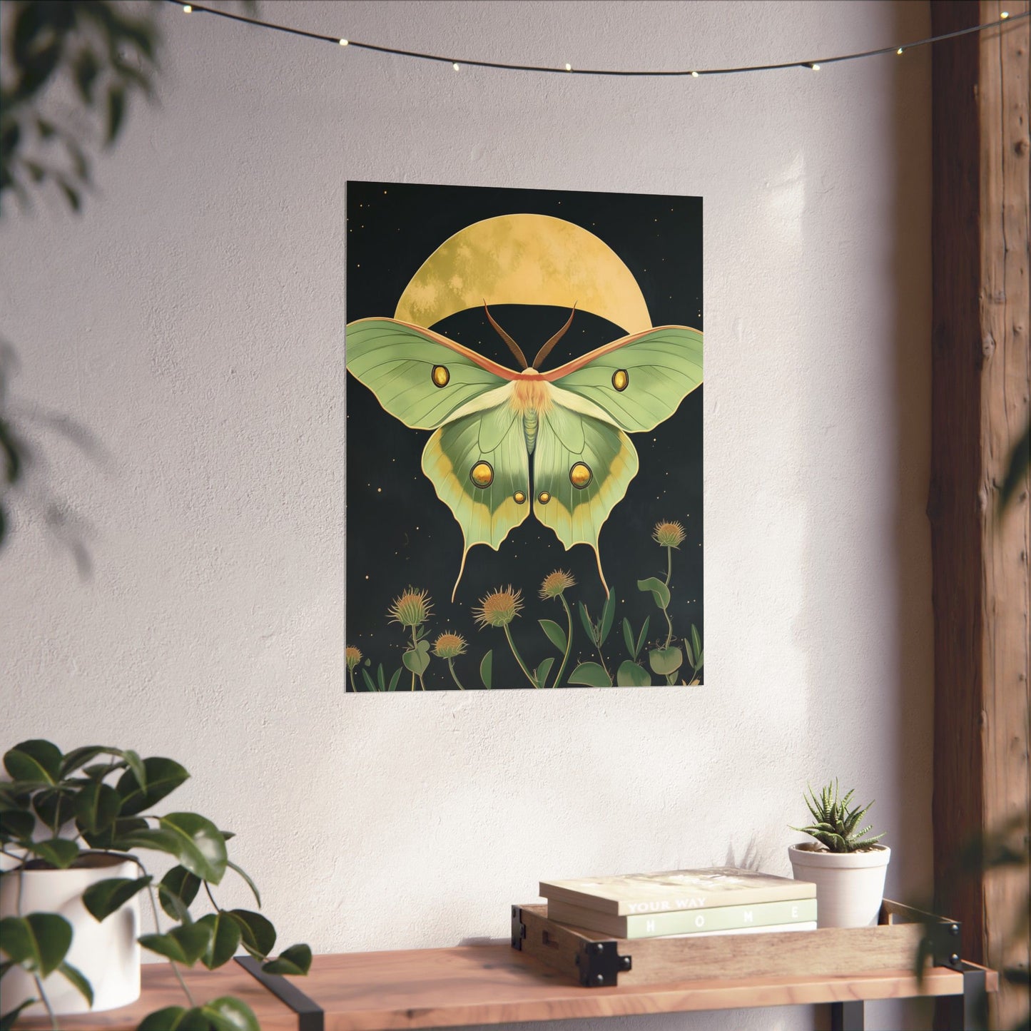 Dreamy Luna Moth Under the Moon Poster- Matte Vertical Art Print - Boho Wall Art - Bohemian - Art Noveau - Art Deco