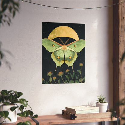 Dreamy Luna Moth Under the Moon Poster- Matte Vertical Art Print - Boho Wall Art - Bohemian - Art Noveau - Art Deco