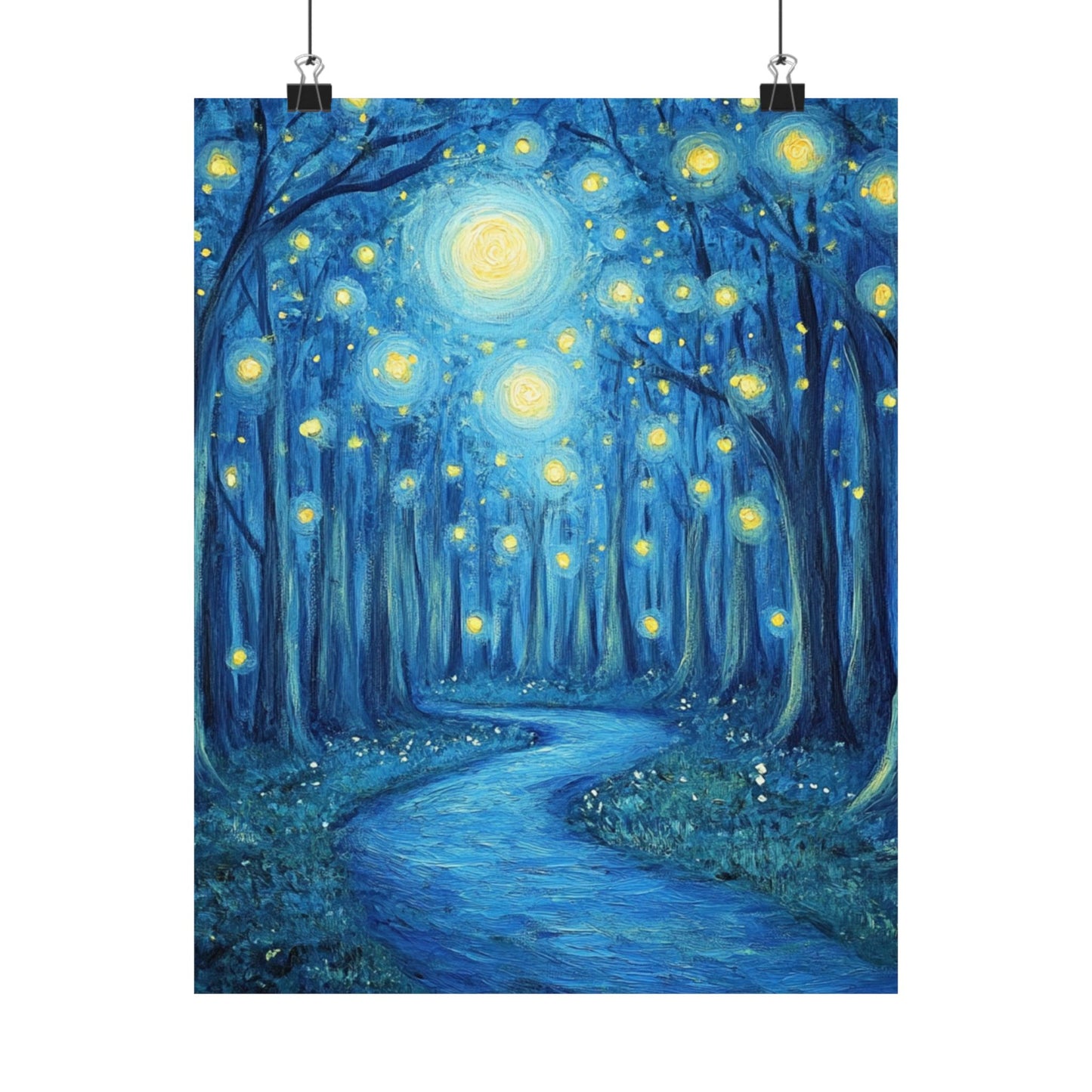 Dreamy Night - Fireflies in the Forest - Fine Art Painting - Print - Matte Vertical Poster - Magical Blue Aesthetic Wall Art