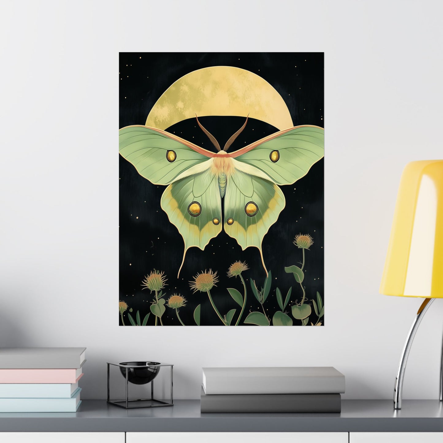 Dreamy Luna Moth Under the Moon Poster- Matte Vertical Art Print - Boho Wall Art - Bohemian - Art Noveau - Art Deco
