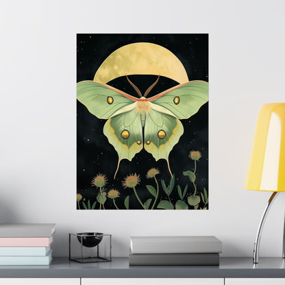 Dreamy Luna Moth Under the Moon Poster- Matte Vertical Art Print - Boho Wall Art - Bohemian - Art Noveau - Art Deco