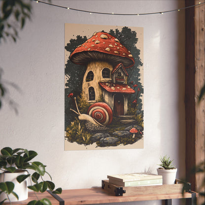 Whimsical Snail Mushroom House - Vertical Botanical Poster - Perfect for Dorm Room or Bedroom Wall Art