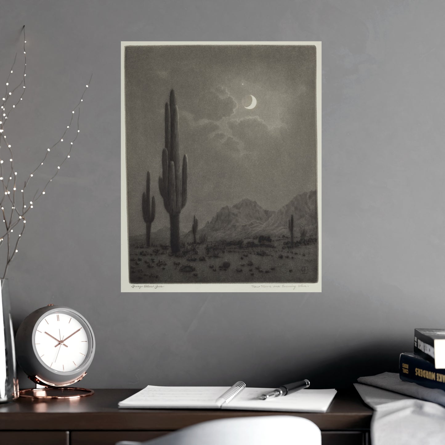 New Moon and Evening Star over Cactus- Celestial Fine Art Poster