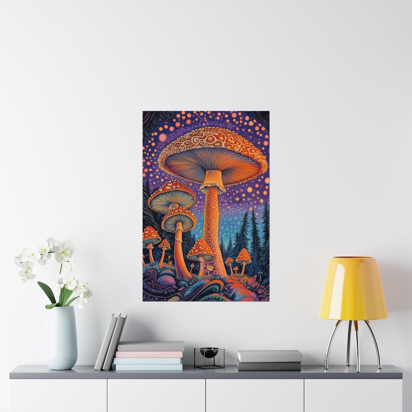 Psychedelic Night Mushroom Art Print - Vertical Poster - Vibrant Wall Art - Nature - Trippy - Bedroom Poster