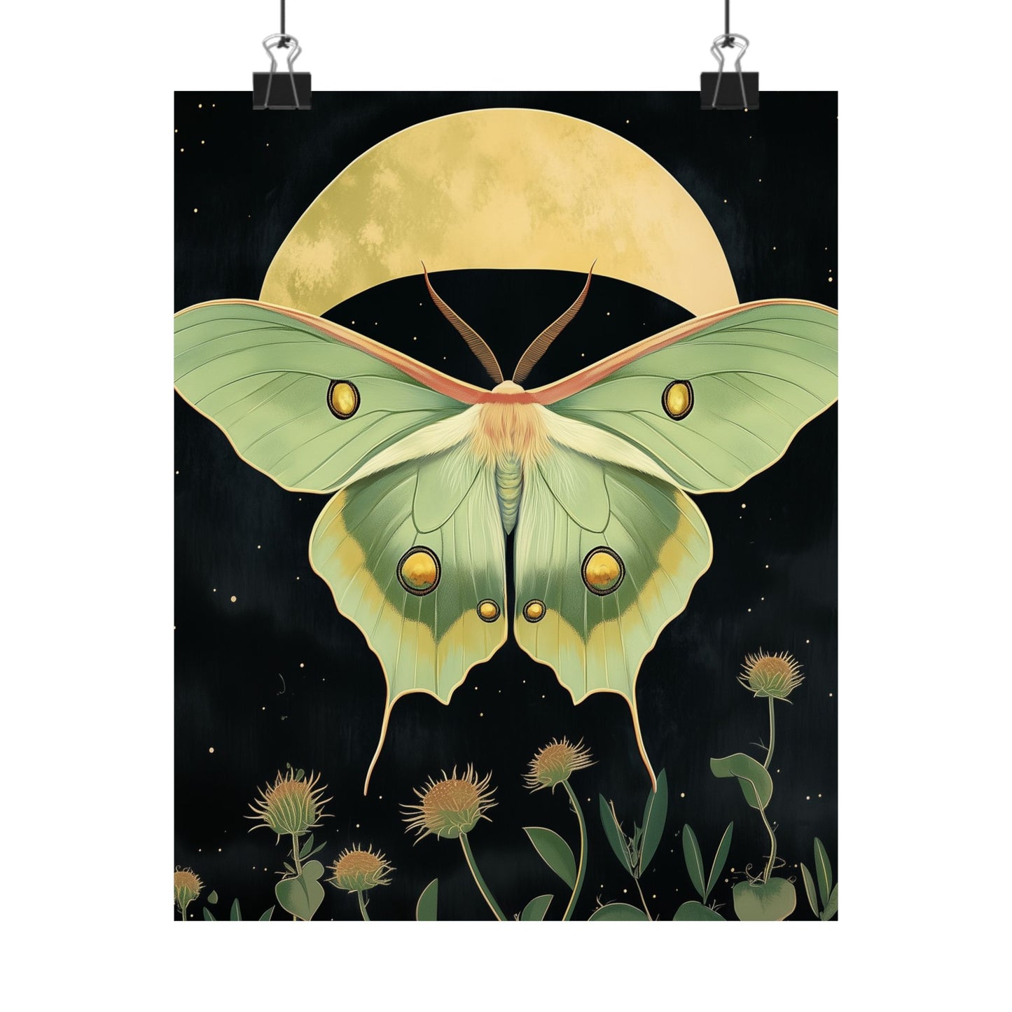 Dreamy Luna Moth Under the Moon Poster- Matte Vertical Art Print - Boho Wall Art - Bohemian - Art Noveau - Art Deco